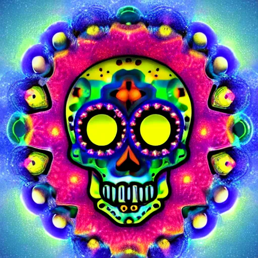 Prompt: kaleidoscope honeycomb sugar skull bubble neon mario martinez