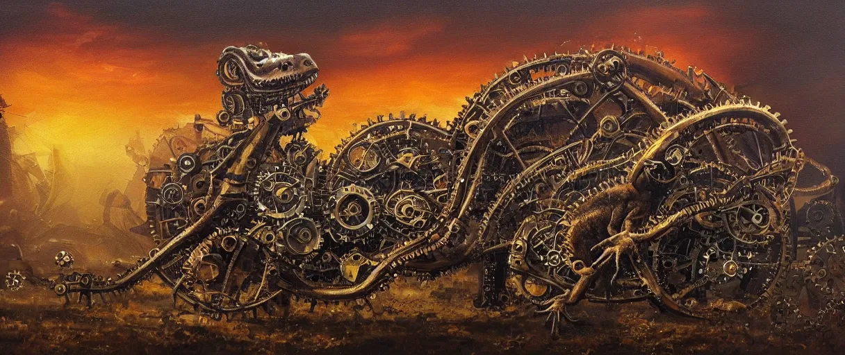 Prompt: beautiful oil painting of a mechanical lizard in a steampunk world, gears, misty, moody, rusty, sunset, rain