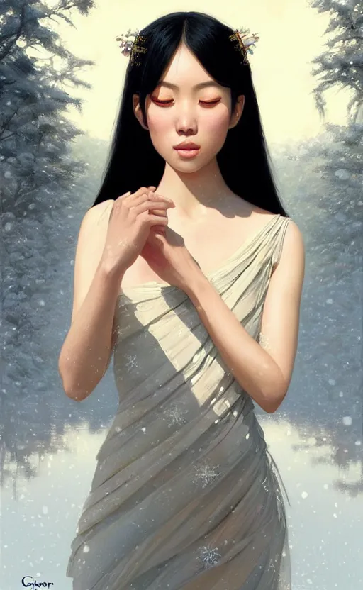 Image similar to a beautiful young charming asian goddess with sundress + jewelry + shinny eyes | | winter, symmetric, realistic shaded, unpleasant face, good looking, fine details, dior, lv, realistic shaded lighting poster by greg rutkowski, macoto takahashi, magali villeneuve, artgerm, jeremy lipkin and michael garmash