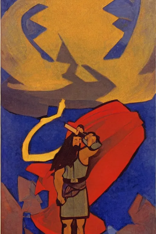 Prompt: thor holding the hammer, marvel, artwork by nicholas roerich,