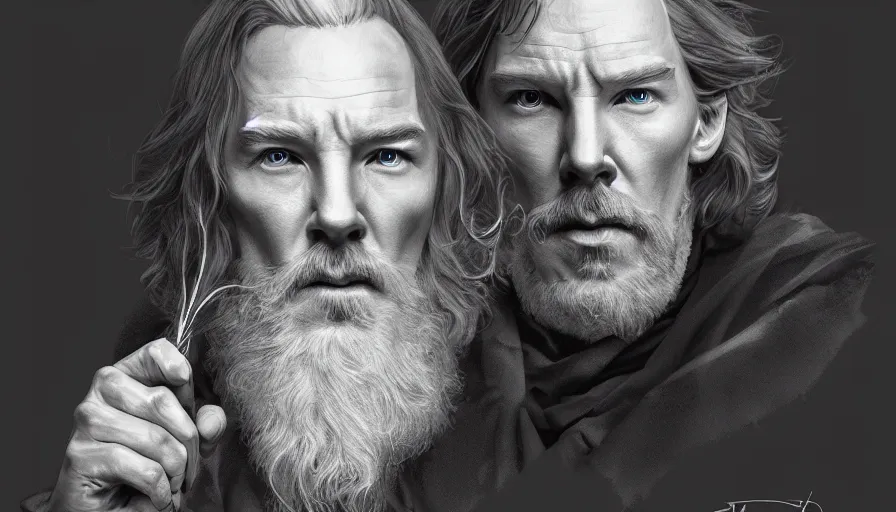 Prompt: Benedict Cumberbatch is Albus Dumbledore, hyperdetailed, artstation, cgsociety, 8k