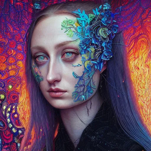 Prompt: portrait of sophie turner, hyper detailed masterpiece, neon floral pattern, jean giraud, digital art painting, darkwave goth aesthetic, psychedelic, artgerm, donato giancola and tom bagshaw