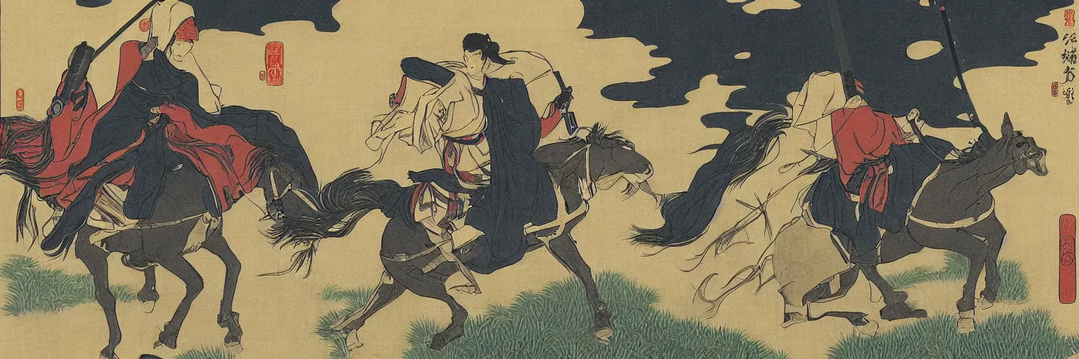 Image similar to Jedi riding on horseback with a lightsaber, rice paddy, ukiyo-e painting