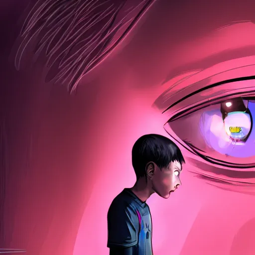 Prompt: A human boy staring staring into the eyes of a female robot, trending on art station, emotional science fiction, neon background