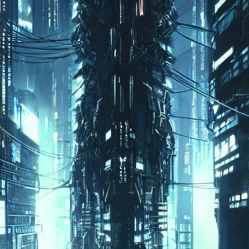 Image similar to Fully dark cyberpunk city with one building in the middle with only one window shining in style of Tsutomu Nihei. ArtStation, Cyberpunk, Vertical Symmetry, 8K, Highly Detailed, Intricate, Album Art.