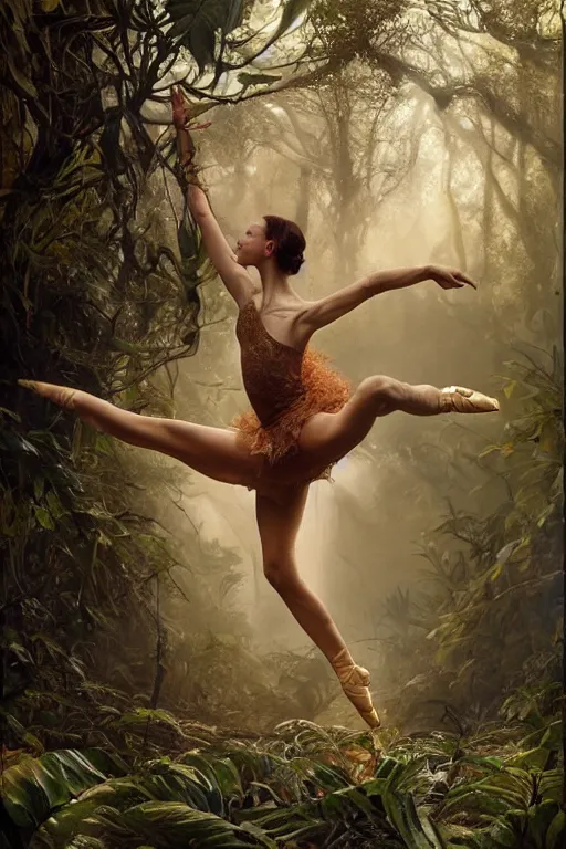 Image similar to stunningly beautiful, irish prima ballerina in jungle, symmetrical face, golden hour, smooth, focus, highly detailed, hyper realistic, dramatic lighting, elegant, intricate, concept art, art by wlop, mars ravelo, greg rutowski