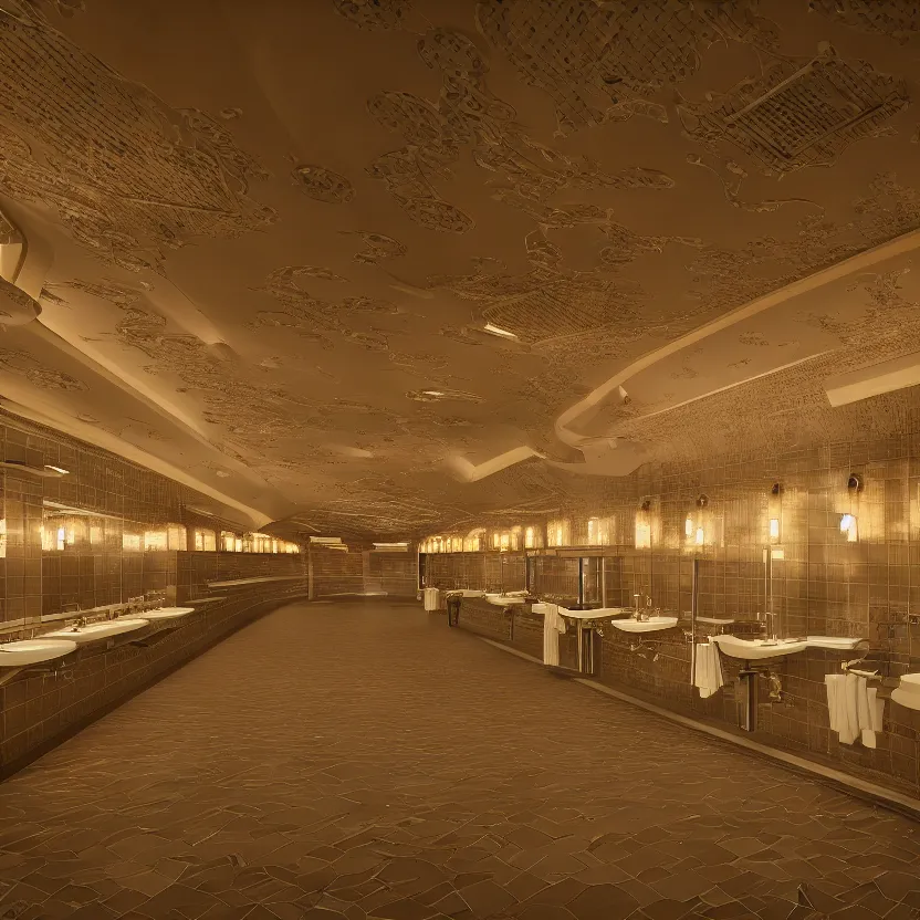 Prompt: a massive endless public restroom with many stalls and sinks, cinematic lighting, volumetric lighting, award winning photography, highly detailed, intricate, sharp focus, 4 k wallpaper, unreal engine, 9 0 mm, f / 1. 4