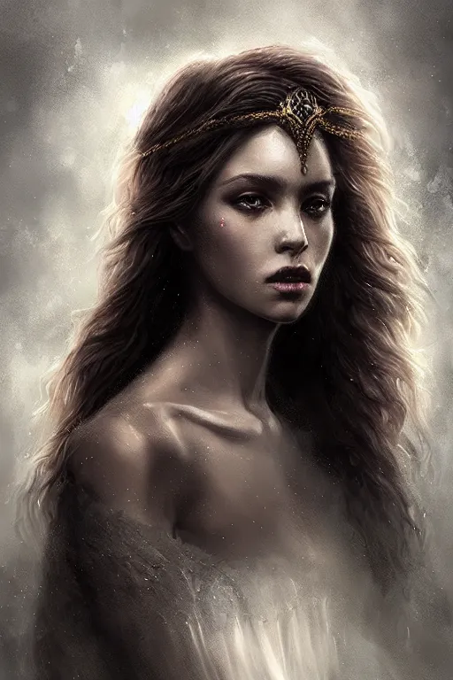 Image similar to majestic and regal portrait of a beautiful young female dark goddess!!, intricate, epic, elegant, menacing, fantasy, highly detailed, digital painting, hard focus, beautiful volumetric lighting, epic light, ultra detailed, souls, smoke, by leesha hannigan, ross tran, thierry doizon, kai carpenter, ignacio fernandez rios