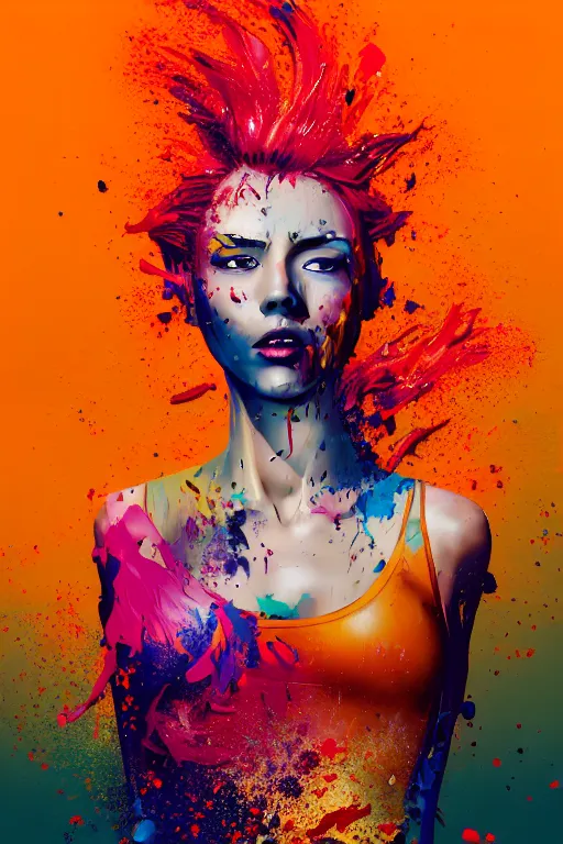 Image similar to a award winning half body portrait of a beautiful woman in a croptop and cargo pants with ombre red orange yellow hairstyle with head in motion and hair flying, paint splashes, splatter, outrun, vaporware, shaded flat illustration, digital art, trending on artstation, highly detailed, fine detail, intricate