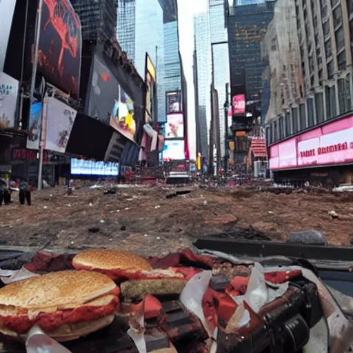 Prompt: news footage of the great hamburger meteor crash site in Times Square, high resolution photo