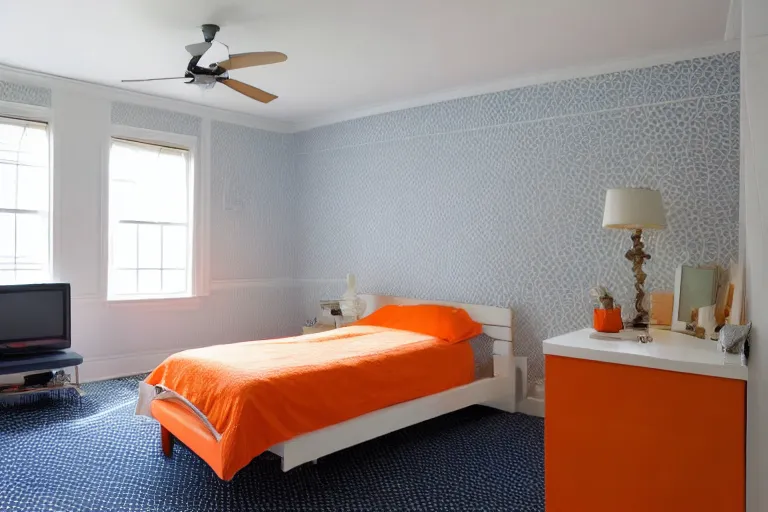 Image similar to a 10 by 11 foot bed room with white with a criss cross pattern in blue grey walls, white ceiling, navy blue carpet, a small bed, desk, two wooden wardrobes, an old TV, and a ceiling fan gives off a dim orange light.