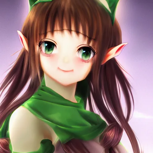 Prompt: elf girl, asian features, , brown twin tail hair, green eyes, anime, photo realistic, dramatic lighting
