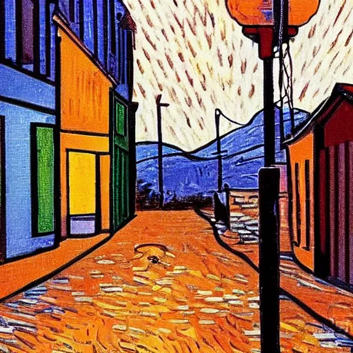 Prompt: dirty small town street with gas light and night sky in the style of van gogh