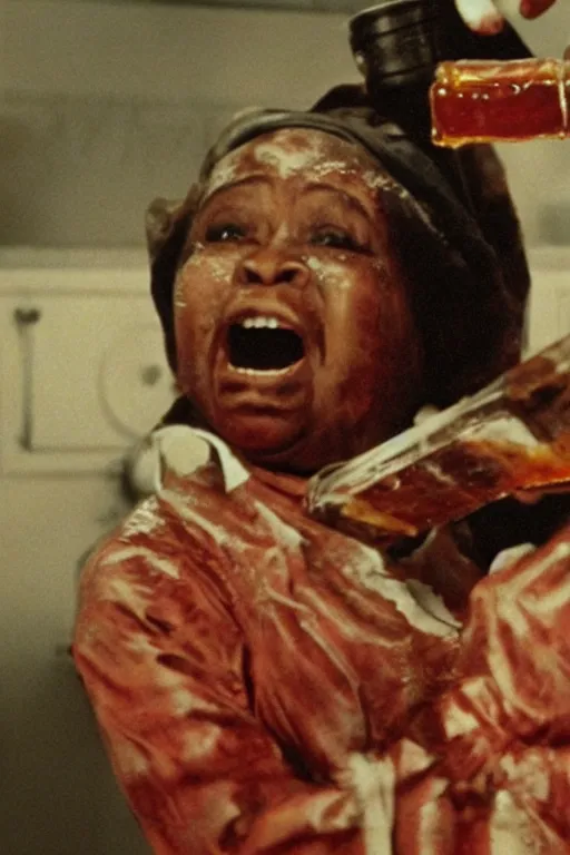 Image similar to aunt jemima covered in maple syrup horror movie cinematic