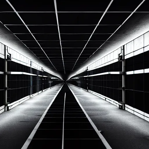 Image similar to Black military quadcopters swarm the wide hallways in a futuristic prison underground, brutalist liminal architecture, sigma 85mm f/1.4, 4k, unreal engine, concept art, trending on artstation, depth of field, high resolution, 4k, 8k, hd, full color