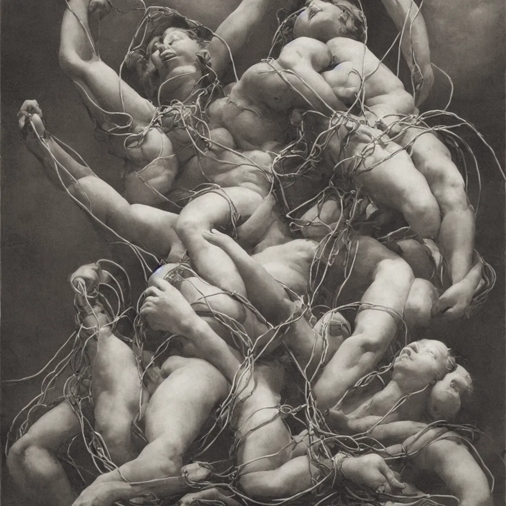 Prompt: a woman entangled in the cables in the style of the laocoon of the vatican