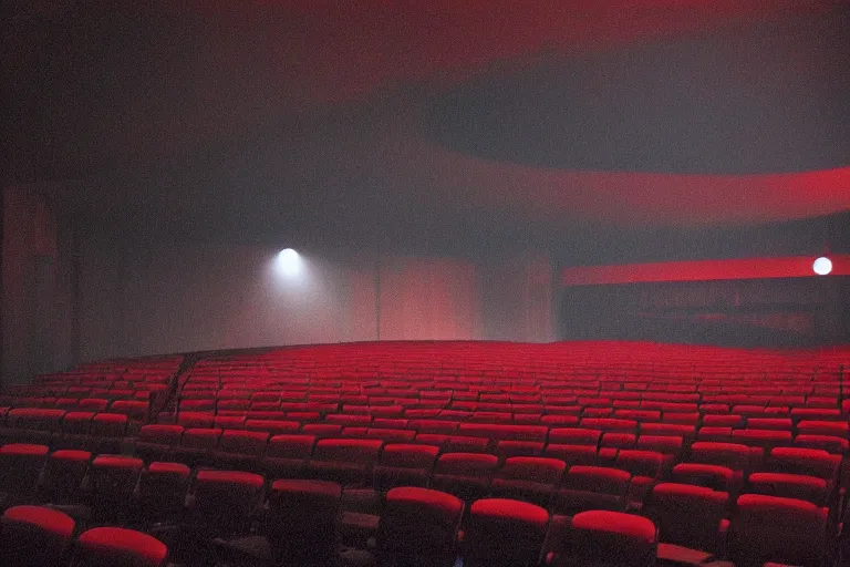 Prompt: a dark conference auditorium with a small crowd, atmospheric and obscure, red neon light, by roger deakins, cinematography, syd mead, dave mckean
