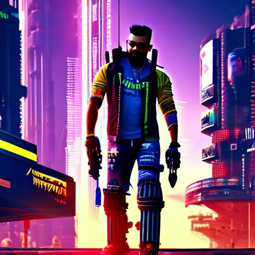 Image similar to Virat Kholi, in CyberPunk 2077, reimagined as a cyberpunk dystopia, 4k highly detailed digital art 4k highly detailed digital art