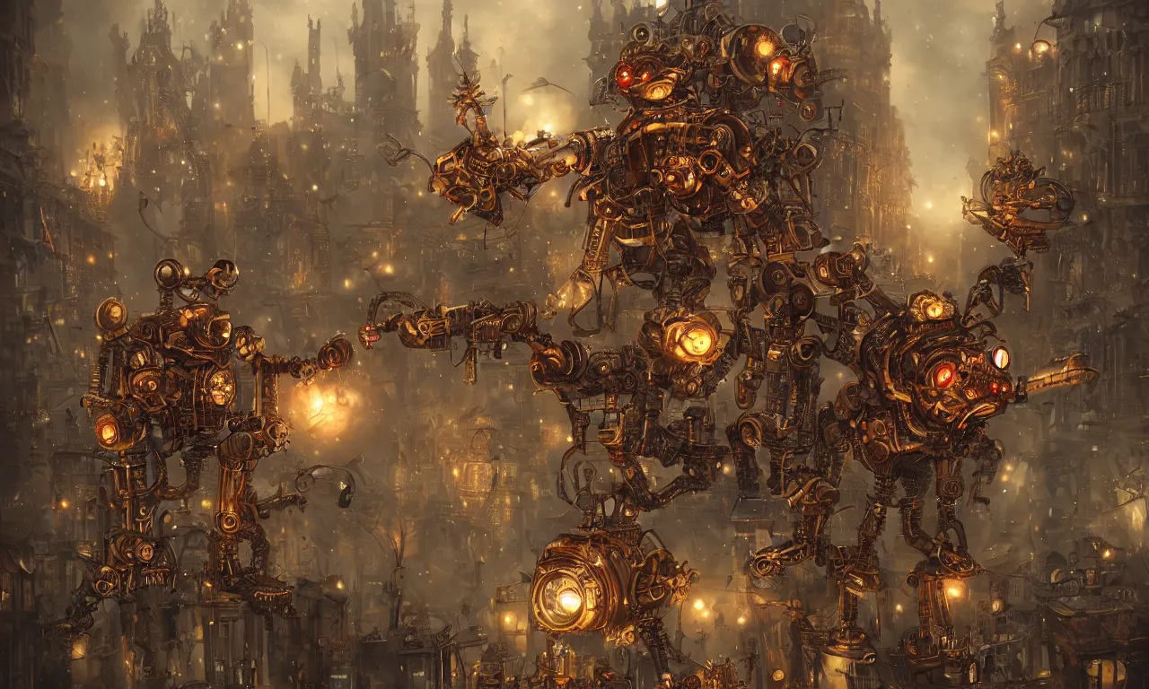 Prompt: giant steampunk robot gremlins invade victorian london at christmas, vivid colors, high details, cinematic, 8k resolution, beautiful detailed, photorealistic, digital painting, artstation, concept art, smooth, sharp focus, illustration, fantasy background, artstation trending, octane render, unreal engine