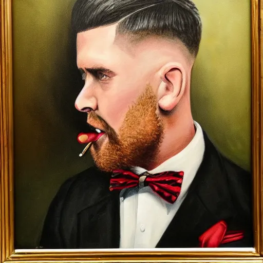 Prompt: a close - up canvas painting of a realistic gangster irish man with a fade haircut, lighting a cigar, wearing a suit, bowtie, and ring, highly detailed