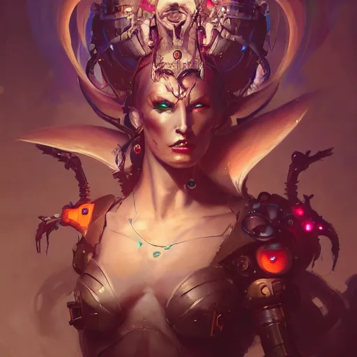 Image similar to a portrait of a beautiful demonic cybernetic grand duchess of hell, cyberpunk concept art by pete mohrbacher and wlop and artgerm and josan gonzales, digital art, highly detailed, intricate, sci-fi, sharp focus, Trending on Artstation HQ, deviantart, unreal engine 5, 4K UHD image