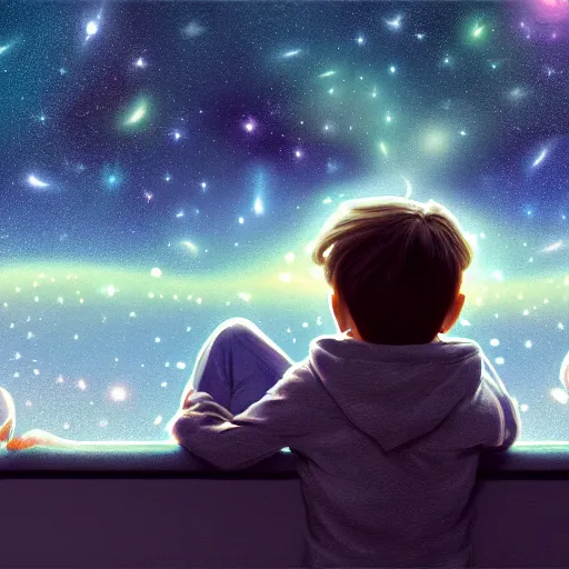 Prompt: Kid watching the stars and galaxies on the night sky, digital art, detailed, realistic, artstation