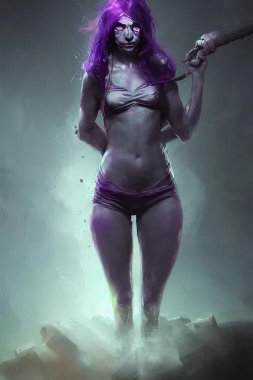 Prompt: character art by bastien lecouffe - deharme, young woman, purple hair, glowing purple eyes