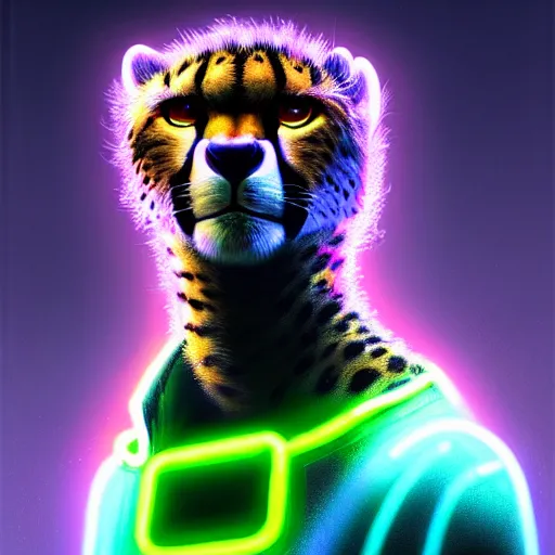 Image similar to a beautiful commission portrait of a male anthro cheetah wearing a neon jacket,futuristic,detailed face,mohawk,cyberpunk city,deviantart,artstation,art by greg rutkowski,ross tran,professional lighting,neon city,night,raytracing,highly realistic,4k,dramatic,hyperrealism