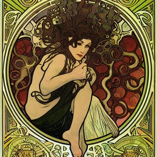 Image similar to lovecraftian protagonist by alphonse mucha