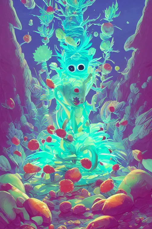 Image similar to roots cactus sushi cristal smurf ghost creature animal sushi cristal very big eye roots cactus elemental flush of force nature micro world fluo fishscale, behance hd by jesper ejsing, by rhads, makoto shinkai and lois van baarle, ilya kuvshinov, rossdraws radiating a glowing aura global illumination ray tracing hdr