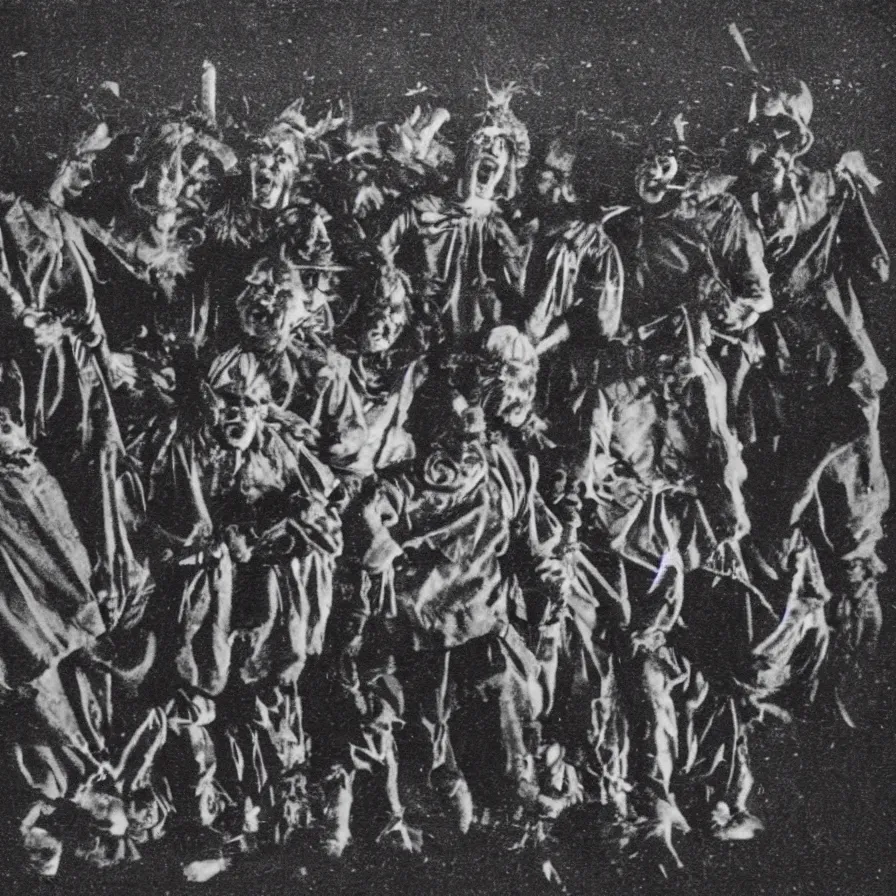 Image similar to distorted 1 3 mm film photograph of a group of clowns in a field holding machetes at night, liminal, dark, thunderstorm, dark, flash on, blurry, grainy, ominous lighting