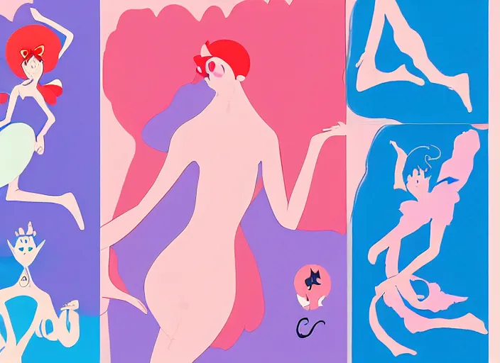 Image similar to character shape design exploration silhouettes of a delicate nubile waifish princess, minimalist mixed media layout from masaaki yuasa ( 1 9 9 7 )