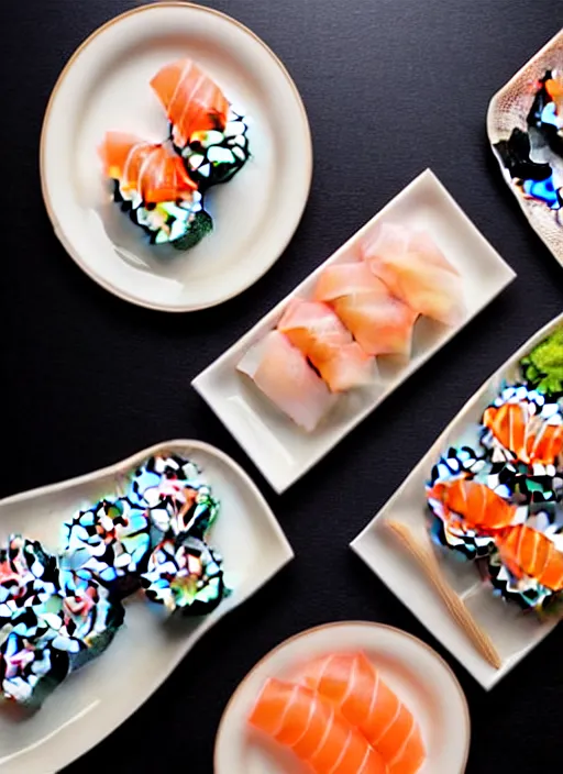 Prompt: clear photograph of cute cats eating sushi from sushi plates