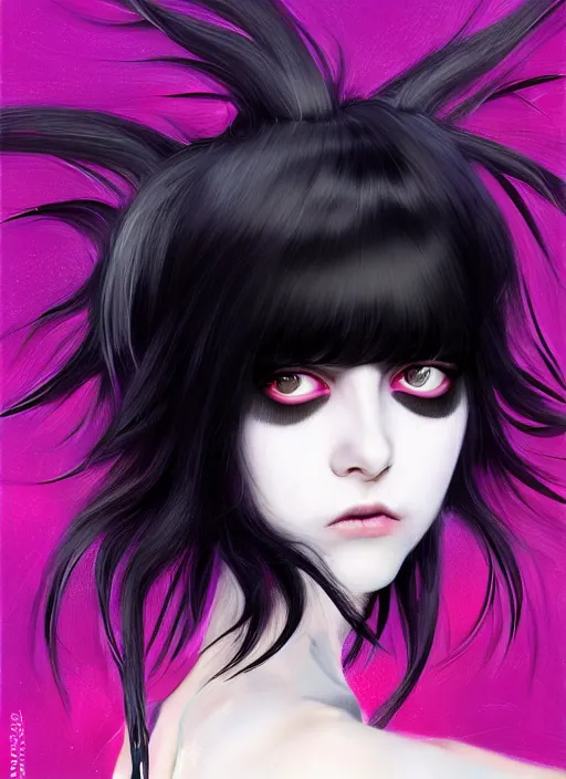 Image similar to hair blackbangs hair, white cyberlox, portrait of normal teenage girl, normal face, black bangs, messy bangs, fluffy bangs, cyberlox, whitebangs, red contact lenses, purple background, intricate, elegant, highly detailed, digital painting, artstation, concept art, sharp focus, smooth, illustration, art by wlop, mars ravelo and greg rutkowski