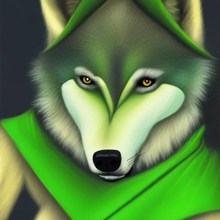 Image similar to a digital painting of an anthropomorphic female wolf fursona wearing a green dress, symmetry, focus, furry, soft lighting, oil on canvas, hyper detailed