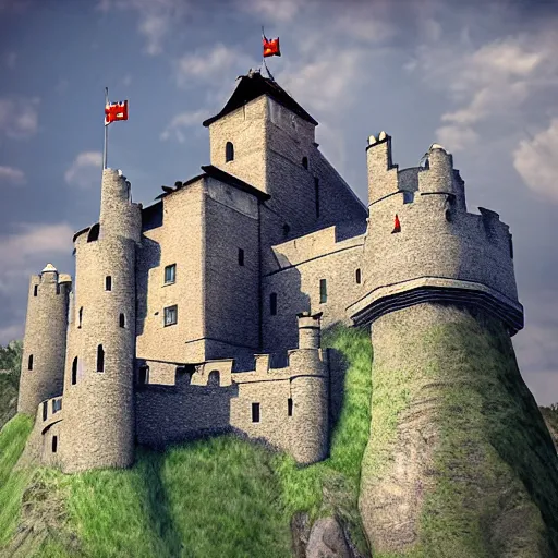 Image similar to Medieval castle on hills, realistic, detailed, artstation