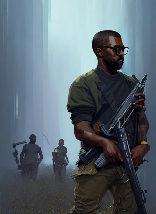 Image similar to highly detailed portrait kanye west holding rifle in gta v stephen bliss unreal engine fantasy art by greg rutkowski loish rhads ferdinand knab makoto shinkai lois van baarle ilya kuvshinov rossdraws tom bagshaw global illumination radiant light detailed intricate environment