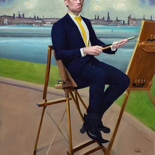 Prompt: mcgregor is dressed as a gentleman at early 2 0 th century paris. he is watching an easel. that easel has a canvas on it. ewan mcgregor has a brush on his hand. he is painting a painting. there is a small brown cat with yellow eyes on ewan mcgregors feet. on background has river seine, morning sun, dark clouds, lightning, matte painting