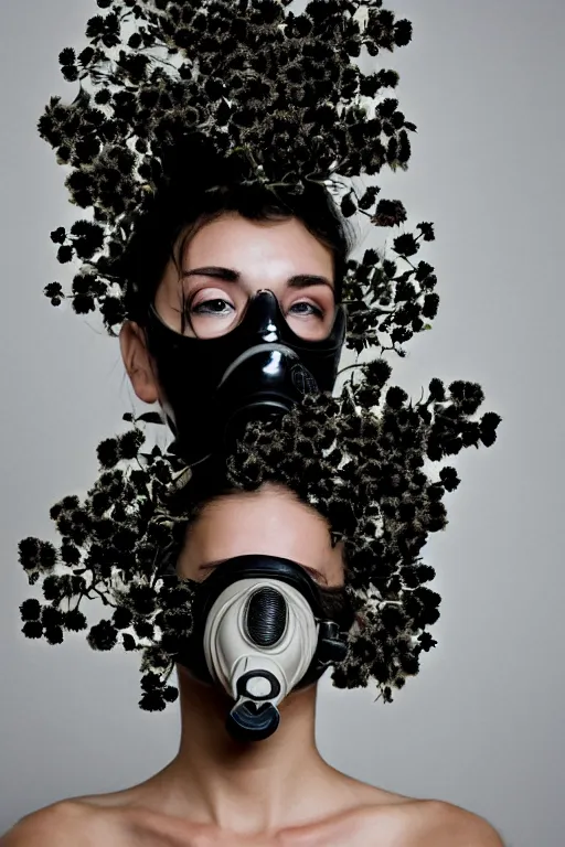 Image similar to a surreal portrait of a woman wearing gas mask diving into the ground of black flowers in the style of brooke didonato, editorial fashion photography from vogue magazine, full shot, nikon d 8 1 0, ƒ / 2. 5, focal length : 8 5. 0 mm, exposure time : 1 / 8 0 0, iso : 2 0 0