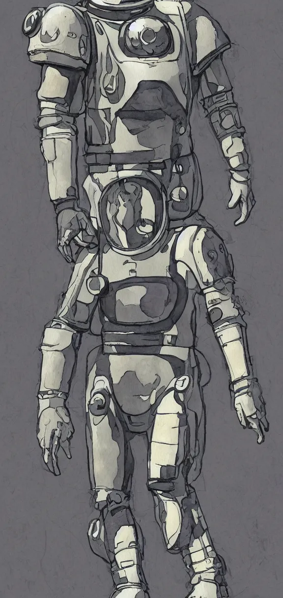 Image similar to male, full body, modern space suit, very stylized character design, large shoulders, short torso, long thin legs, tiny feet, character sheet, science fiction, hyperdetailed, technical suit, space marine, watercolor digital painting, by mike mignola, by alex maleev, jean giraud, painted by leyendecker