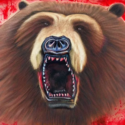 Prompt: a horrid painting of a bear with a human face sown onto it, terrifying creature, absurdly sharp teeth with blood, stunning level of detail by professional artists