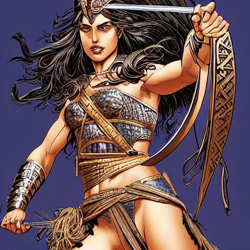 Prompt: greek amazon warrior, a tall beautiful dignified woman with bronzed skin, long raven hair, dressed in full body hellenistic armour, detailed features, intricate, elegant, highly detailed, smooth, sharp focus, detailed face, high contrast, graphic novel, art by pepe larraz,