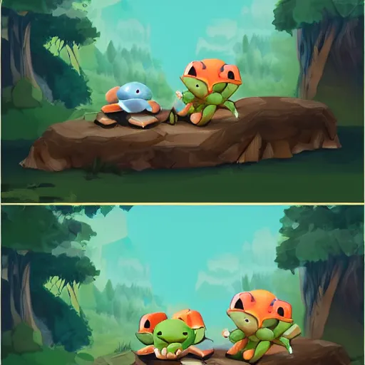 Prompt: two happy cute chibi turtles sitting around a campfire near a cave entrance to a mountain, there is a forest of trees in the background and a small frozen lake in the distance, trending on artstation, 3d digital artwork, cinematic lighting, 4K, very full detail, vector, amazing artwork, trending on Behance award-winning art, kawaii