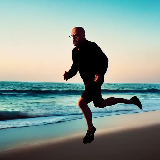 Image similar to Walter White running on the beach, artistic, 8k, cinematic, accurate, symetric, face, dramatic lighting, pastel colours