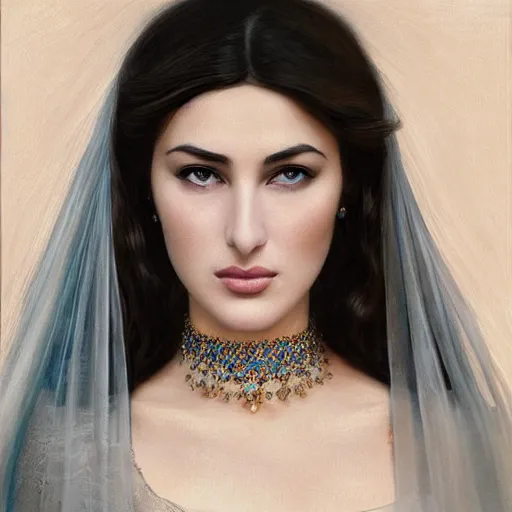 Image similar to Beautiful face Portrait of young arab Monica Bellucci, blue eyes with transparent contact lenses, long wavy black hair, white veil, closeup, focus face, colored, middle eastern, dramatic lighting, intricate, wild, highly detailed, digital painting, artstation, concept art, smooth, sharp focus, illustration, art by artgerm and greg rutkowski and alphonse mucha, footage from space camera