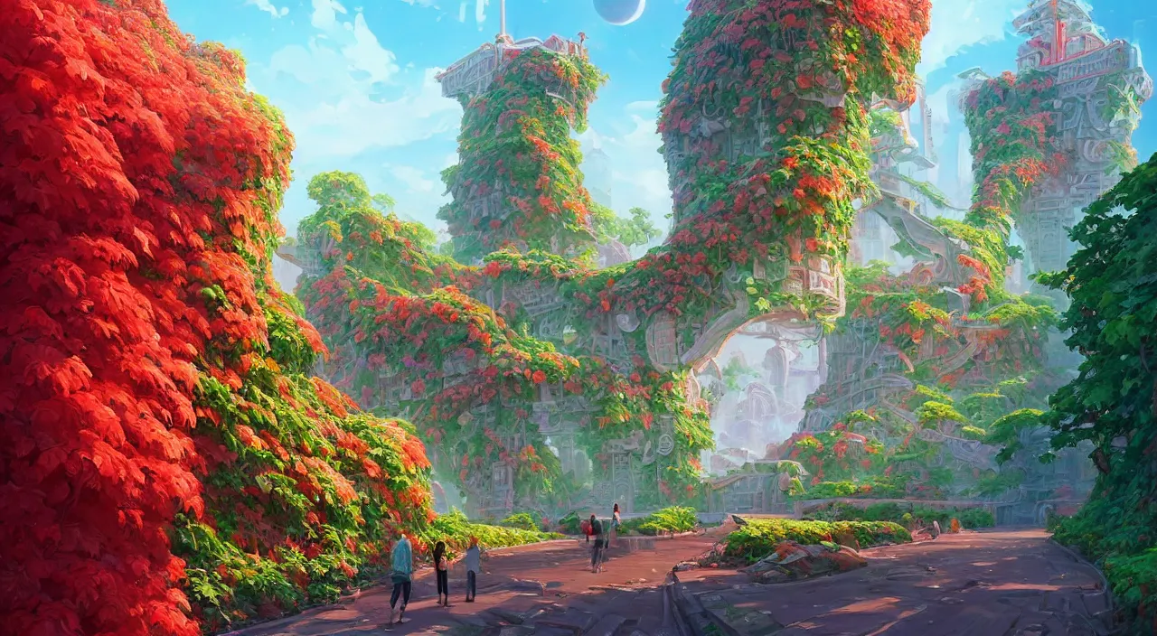 Image similar to Strawberry bushes fall time futuristic temple of olympus glory sci-fi city of Atlantis hill valley grec greeble wood bridge painting of tower ivy plant in marble , behance hd by Jesper Ejsing, by RHADS, Makoto Shinkai and Lois van baarle, ilya kuvshinov, rossdraws global illumination