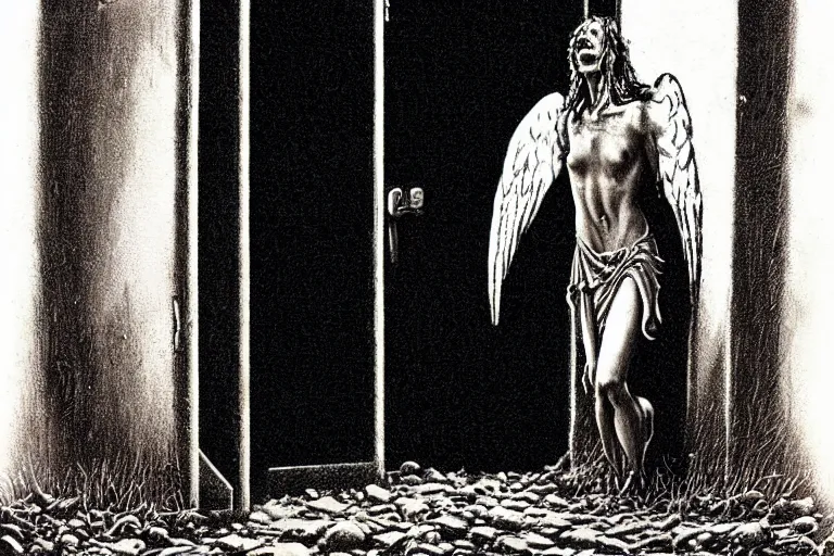 Image similar to 3 5 mm cinematic photo of a fallen angel begging to enter the gates of hell, by les edwards