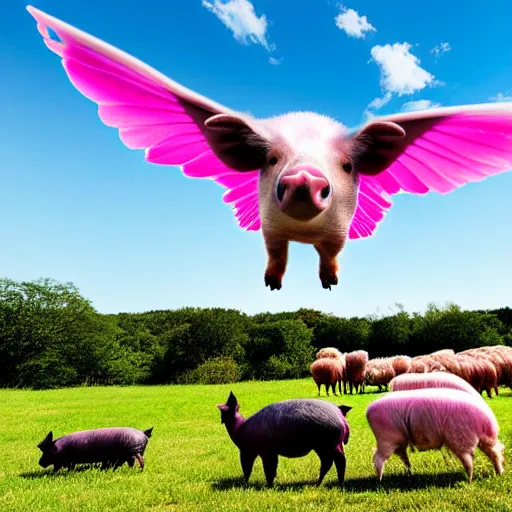 Prompt: national geographic photograph of a flying pig with big pink wings, soaring through the sky, photobomb by an alpaca, flying above other pigs. daylight, outdoors, wide angle shot