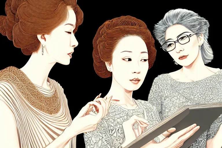 Image similar to portrait of two wise and very beautiful women discussing some texts appearing in a computer screen, art by fuji choko, intricate, elegant, highly detailed, smooth, sharp focus, artstation