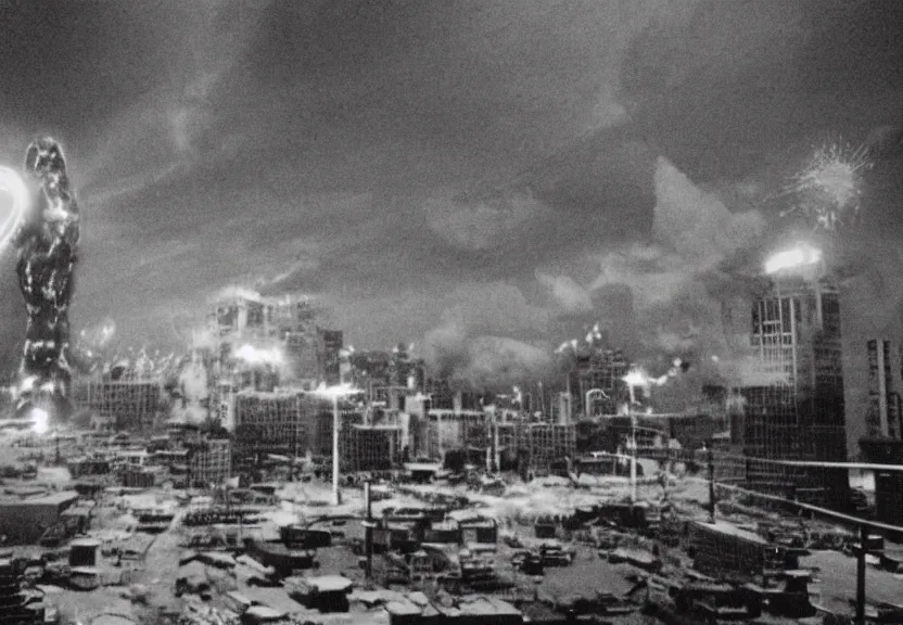 Prompt: Pulgasari the North Korean starfish monster destroying Pyongyang city, volumetric lighting, filmstill, produced by Kim Jong-il, Kodachrome, kaiju-eiga, monster movie, communist propaganda, film noir, 35mm film grain, Cooke Varotal 20-100mm T3.1, in the style of Ishirō Honda and Andreï Tarkovski